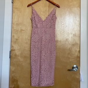 Mauve lace midi bodycon dress.